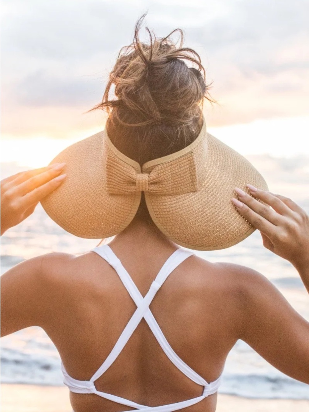 Woven Straw Visor Hat with Bow - Natural Tan